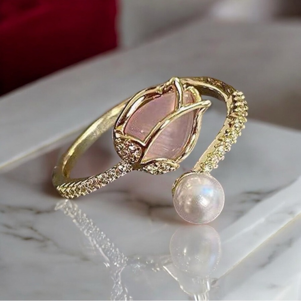 Tulip Bud Gold Plated Ring Women Fashion Adjustable Ring Pink Crystal Bride